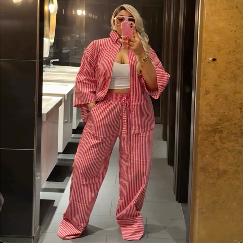 Stripe high waist long pants Casual shirt a set