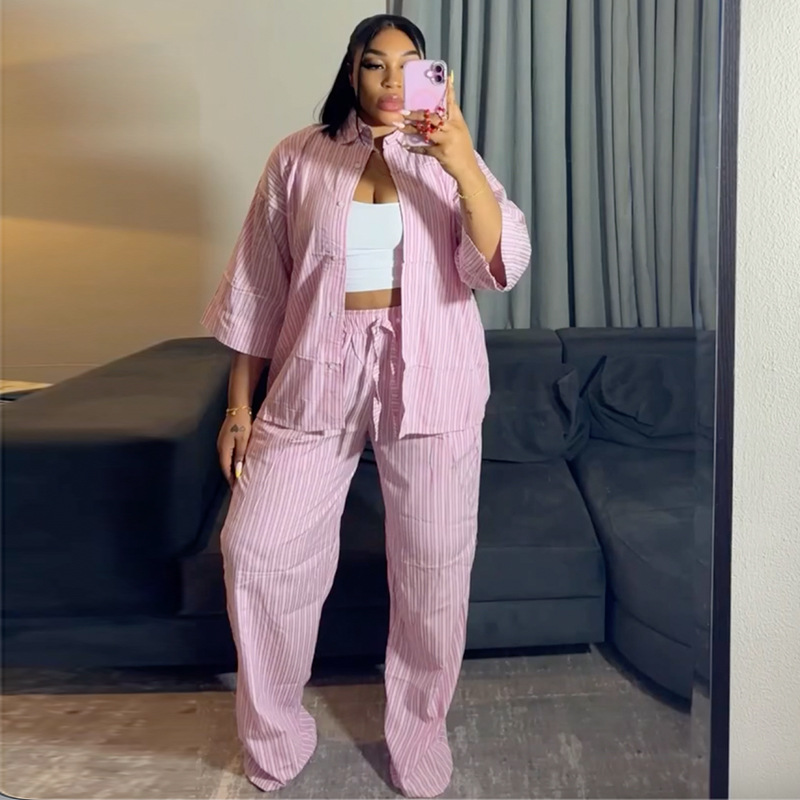 Stripe shirt European style long pants a set for women