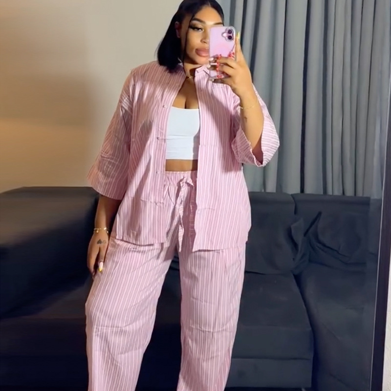 Stripe shirt European style long pants a set for women