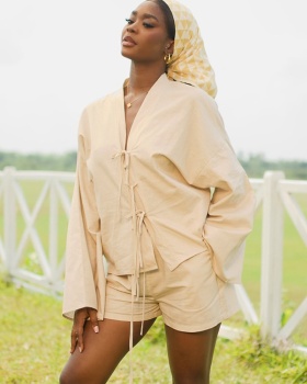 Wide leg shirt V-neck shorts a set for women