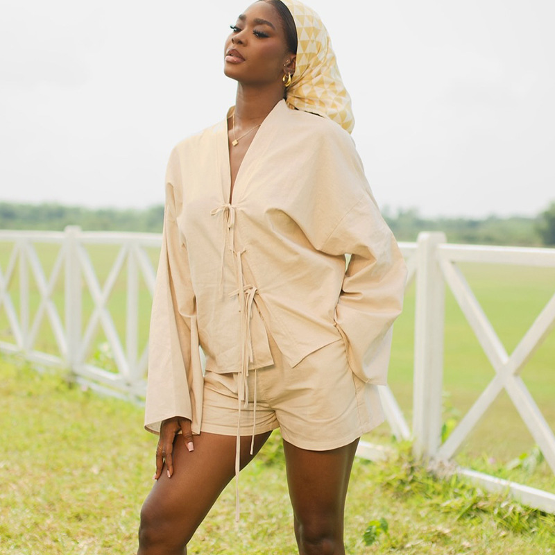 Wide leg shirt V-neck shorts a set for women