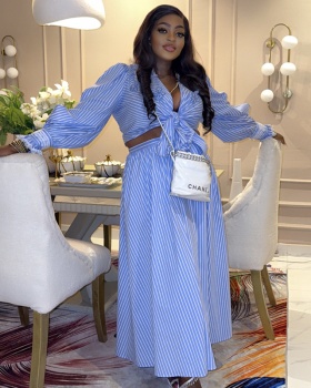 Lapel blue skirt stripe spring shirt a set