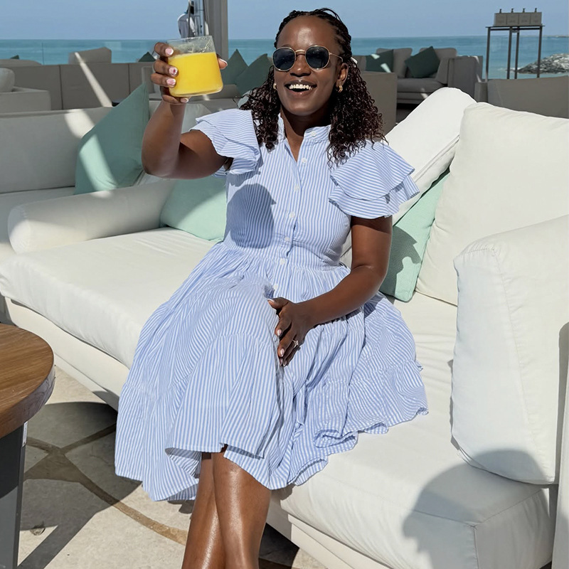 Spring stripe European style dress lapel fashion shirt for women