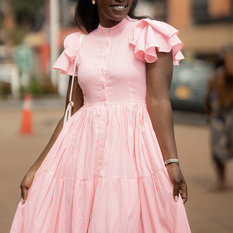 Spring stripe European style dress lapel fashion shirt for women