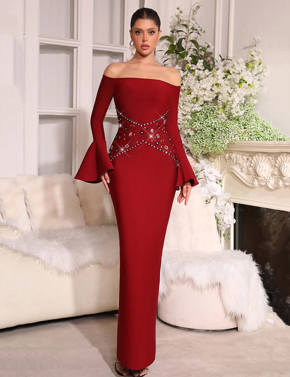 Flat shoulder long dress ladies formal dress for women