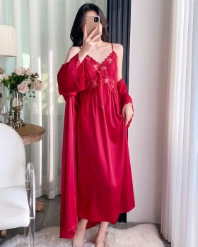 Long robe spring and autumn nightgown 2pcs set for women