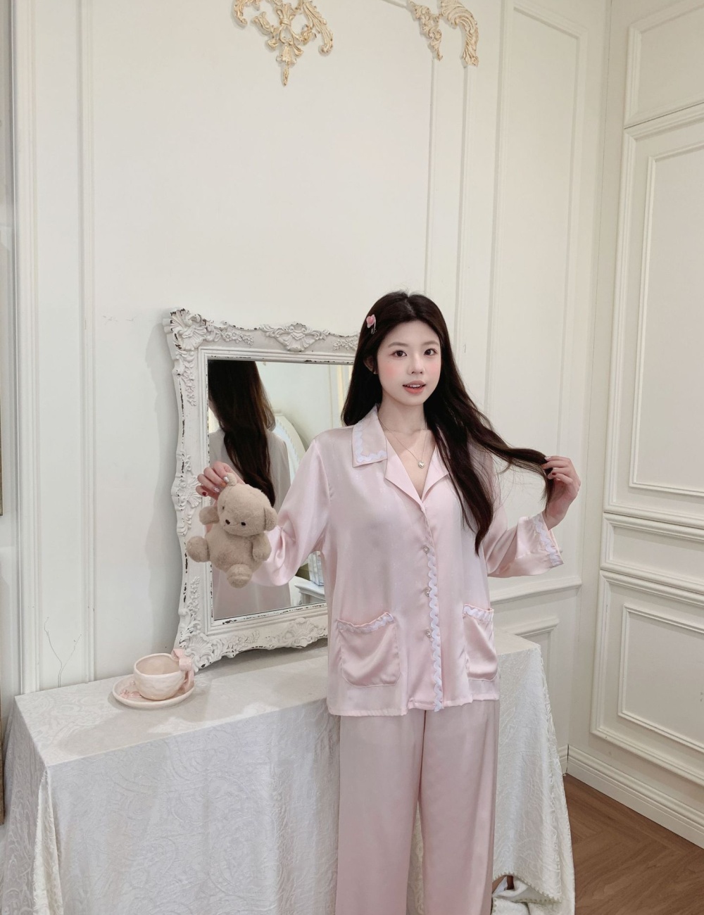 Simple mixed colors jacquard waves pajamas a set for women