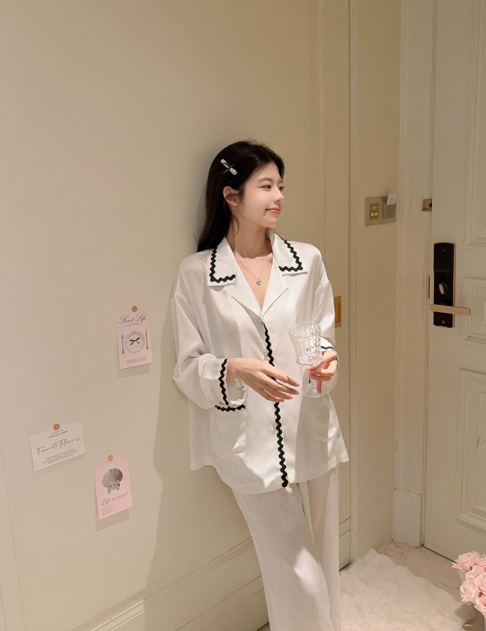 Simple mixed colors jacquard waves pajamas a set for women