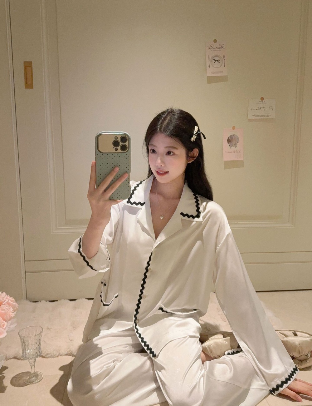 Simple mixed colors jacquard waves pajamas a set for women