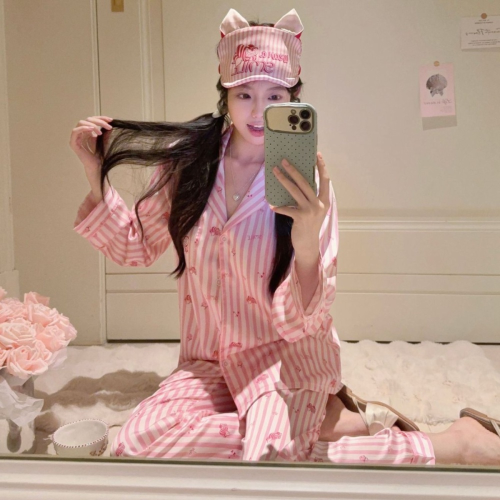 Stripe Korean style cartoon eyeshade spring homewear long pants