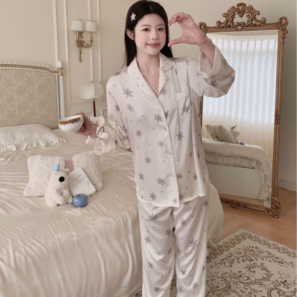 Spring long sleeve long pants snowflake pajamas a set