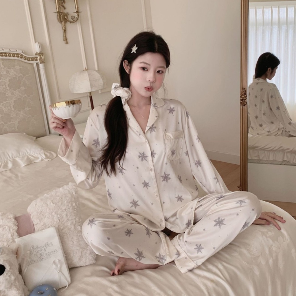 Spring long sleeve long pants snowflake pajamas a set
