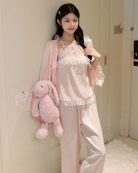 Spring lovely maiden pink long sleeve lace pajamas a set for women