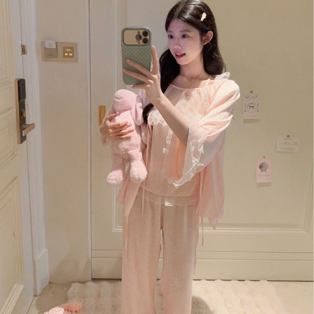 Spring lovely maiden pink long sleeve lace pajamas a set for women