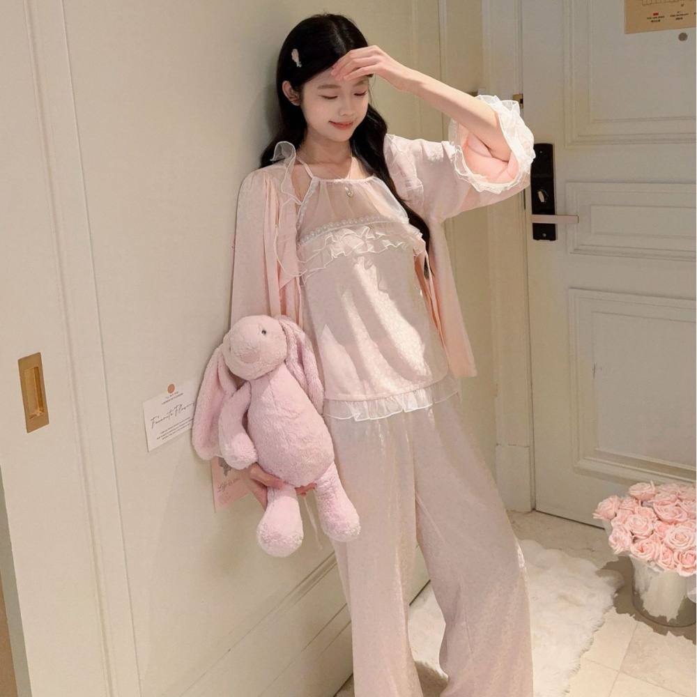 Spring lovely maiden pink long sleeve lace pajamas a set for women