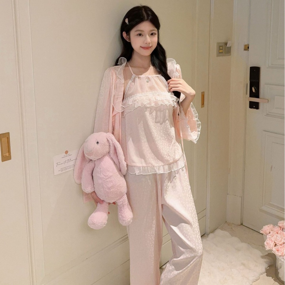 Spring lovely maiden pink long sleeve lace pajamas a set for women