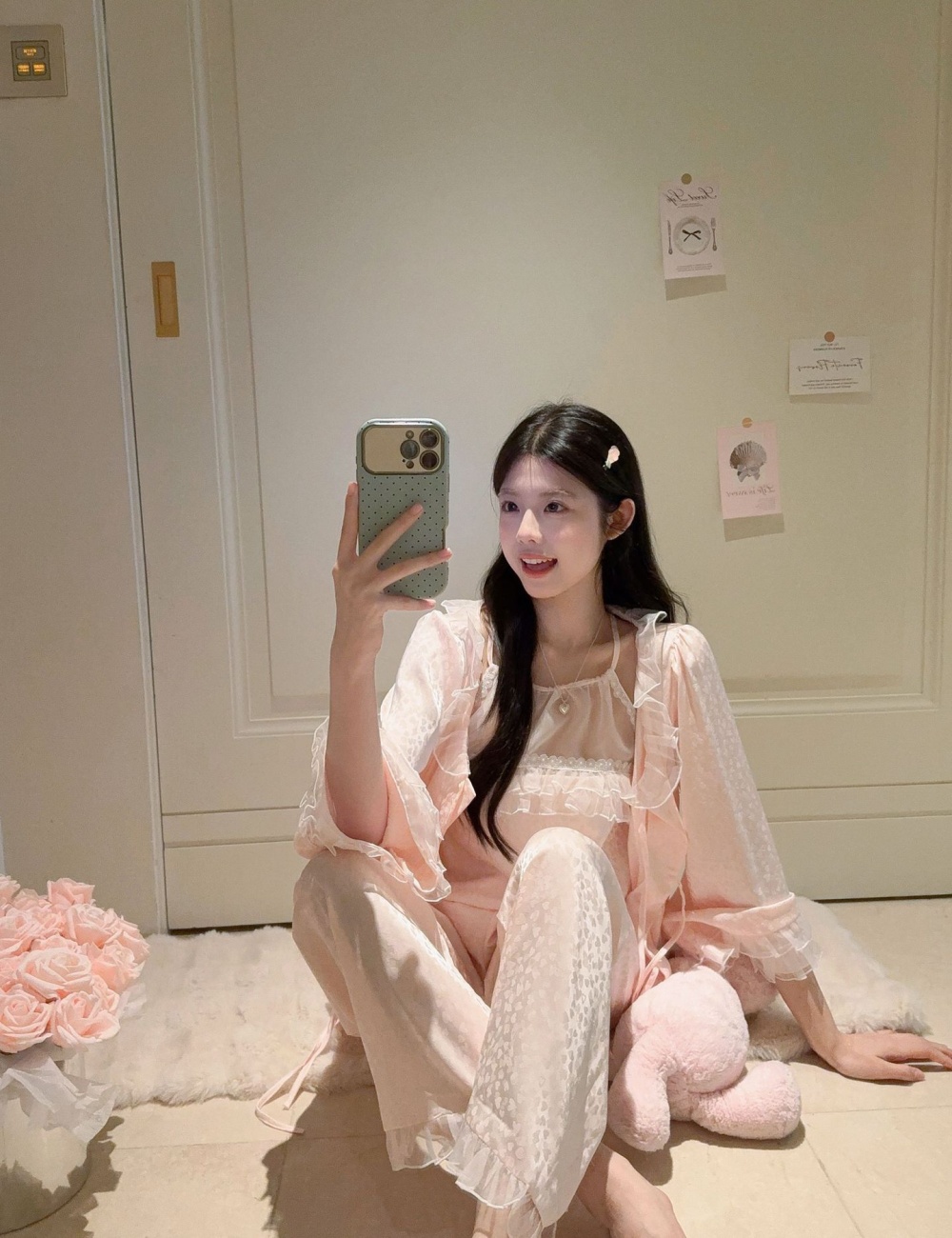 Spring lovely maiden pink long sleeve lace pajamas a set for women