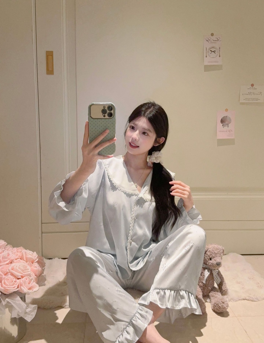 Sweet bow pajamas long sleeve rhinestone long pants