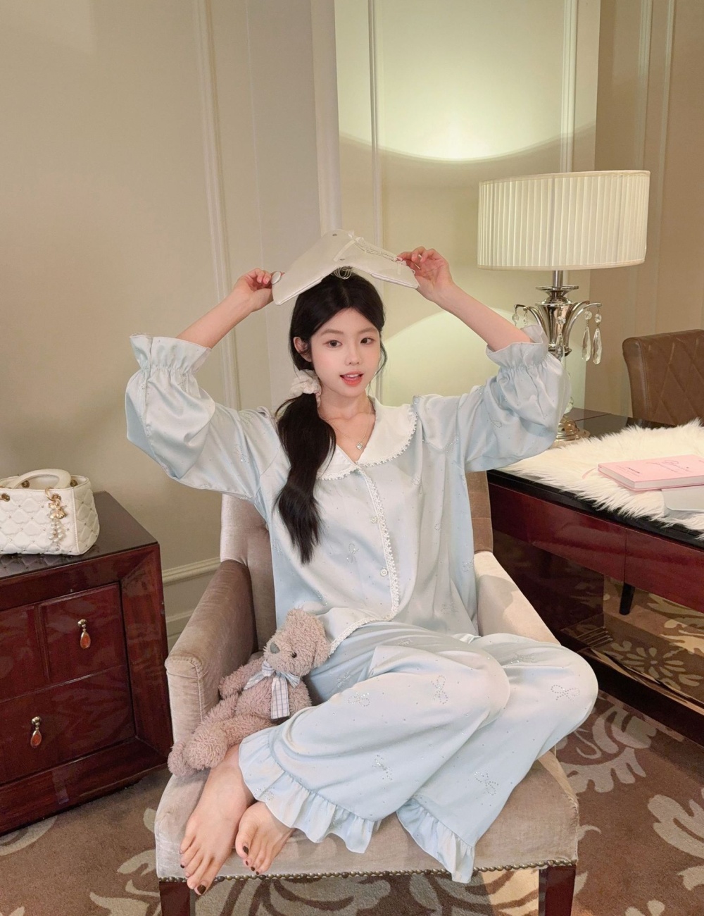 Sweet bow pajamas long sleeve rhinestone long pants