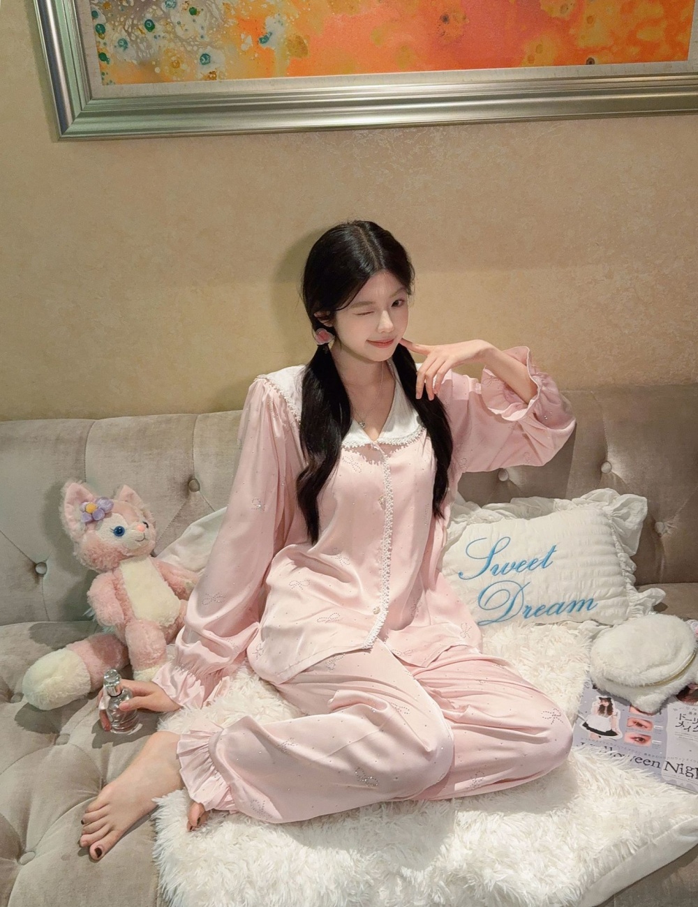 Sweet bow pajamas long sleeve rhinestone long pants