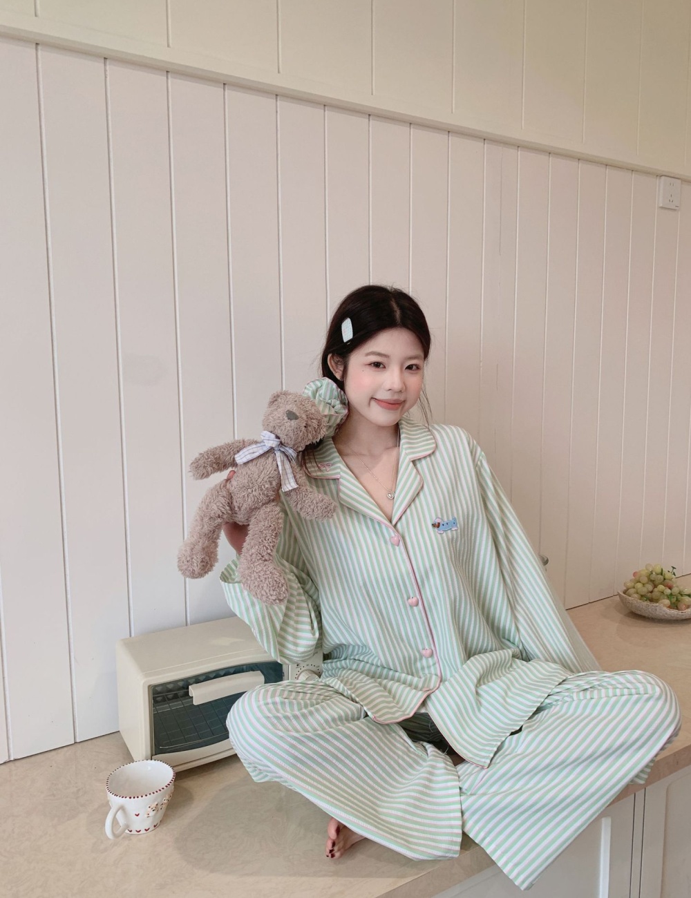 Cotton long sleeve pajamas maiden long pants for women