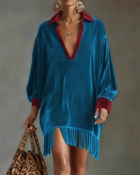 Mixed colors lapel pocket European style dress for women