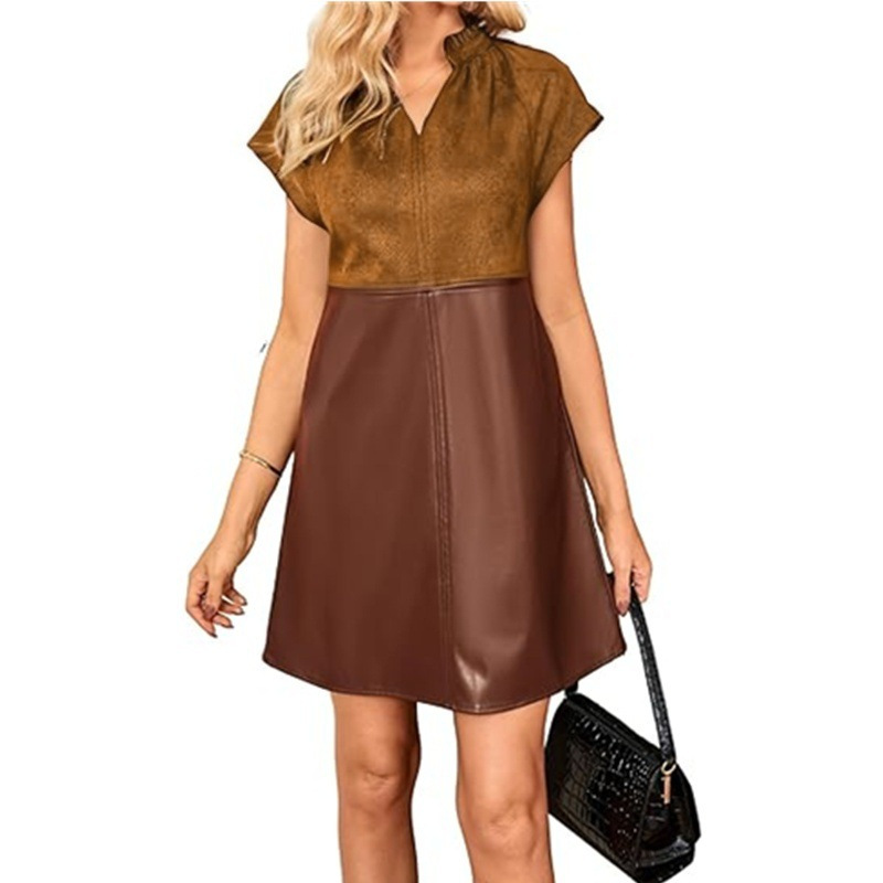 Mixed colors V-neck pocket dress for women