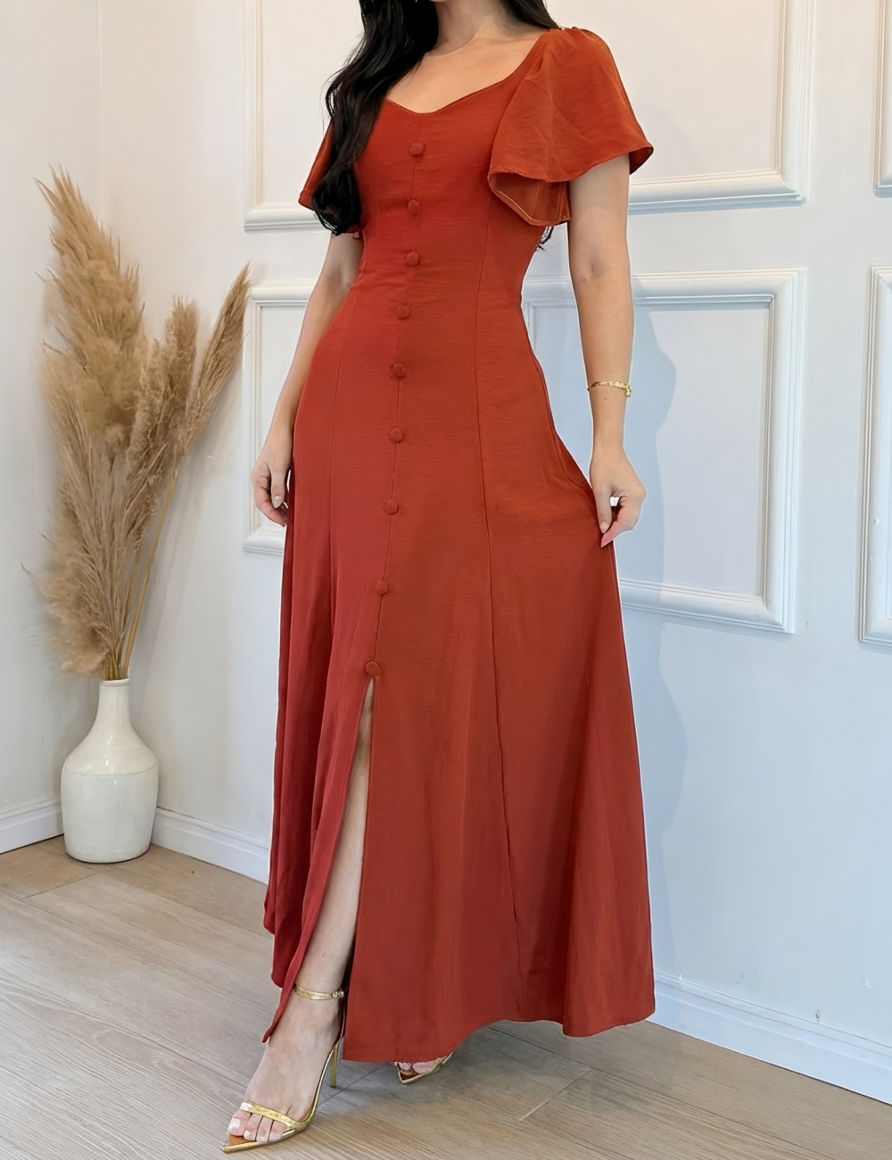 Casual pinched waist European style buckle dress for women