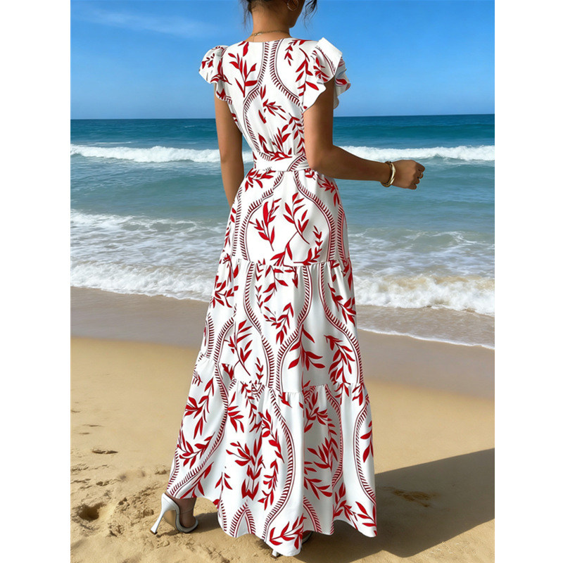 Short sleeve party lotus sleeve dress for women