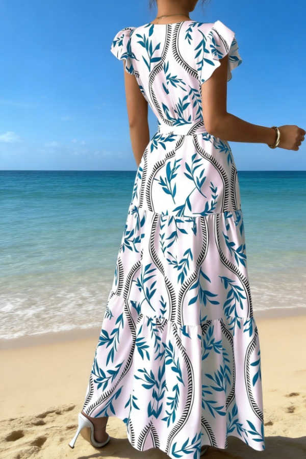 Short sleeve party lotus sleeve dress for women