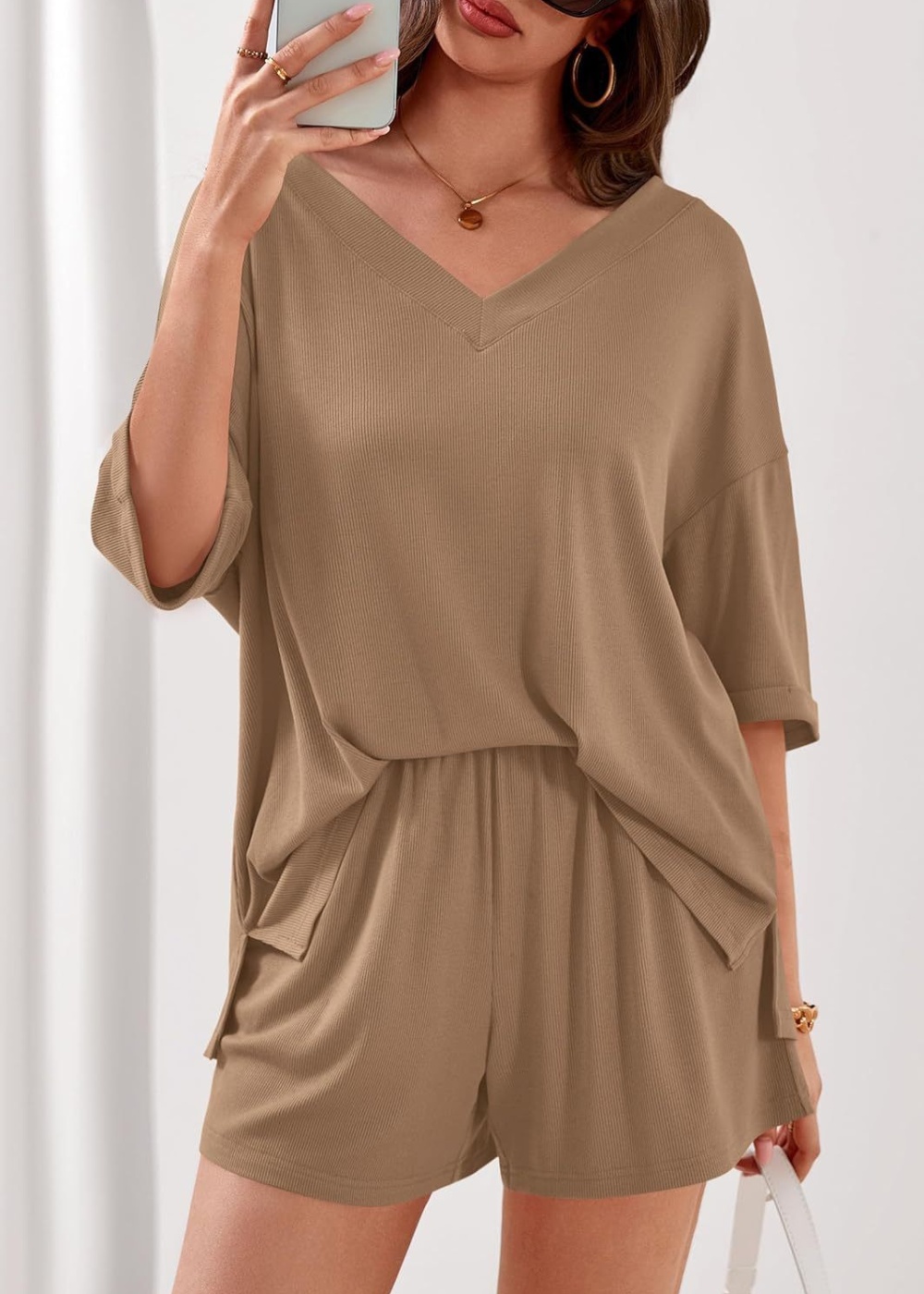 V-neck tops European style shorts 2pcs set for women