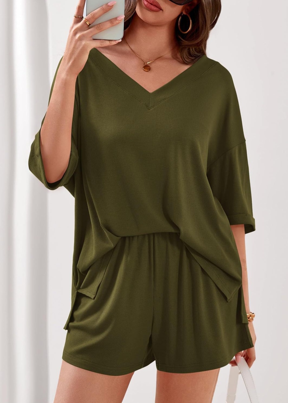 V-neck tops European style shorts 2pcs set for women