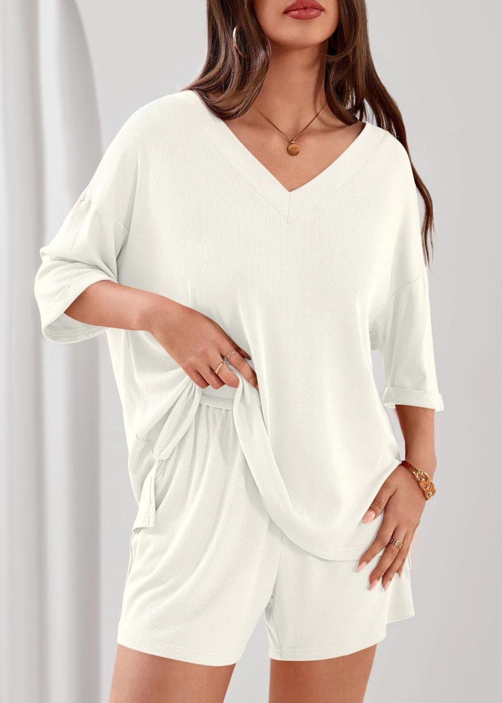 V-neck tops European style shorts 2pcs set for women