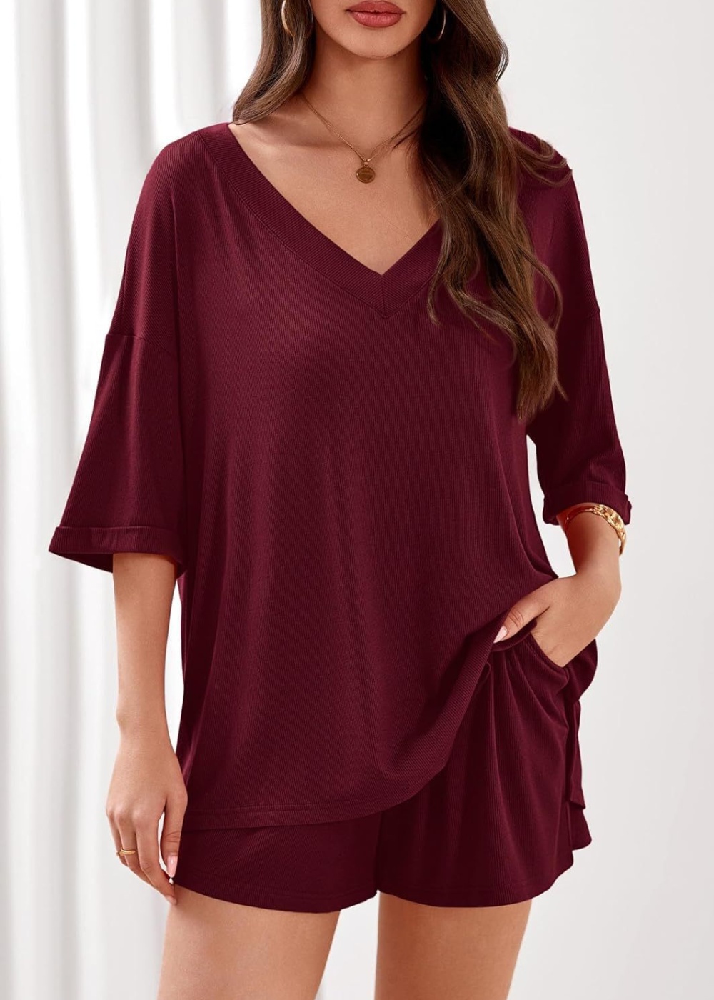 V-neck tops European style shorts 2pcs set for women