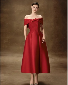 Pinched waist flat shoulder dress A-line formal dress