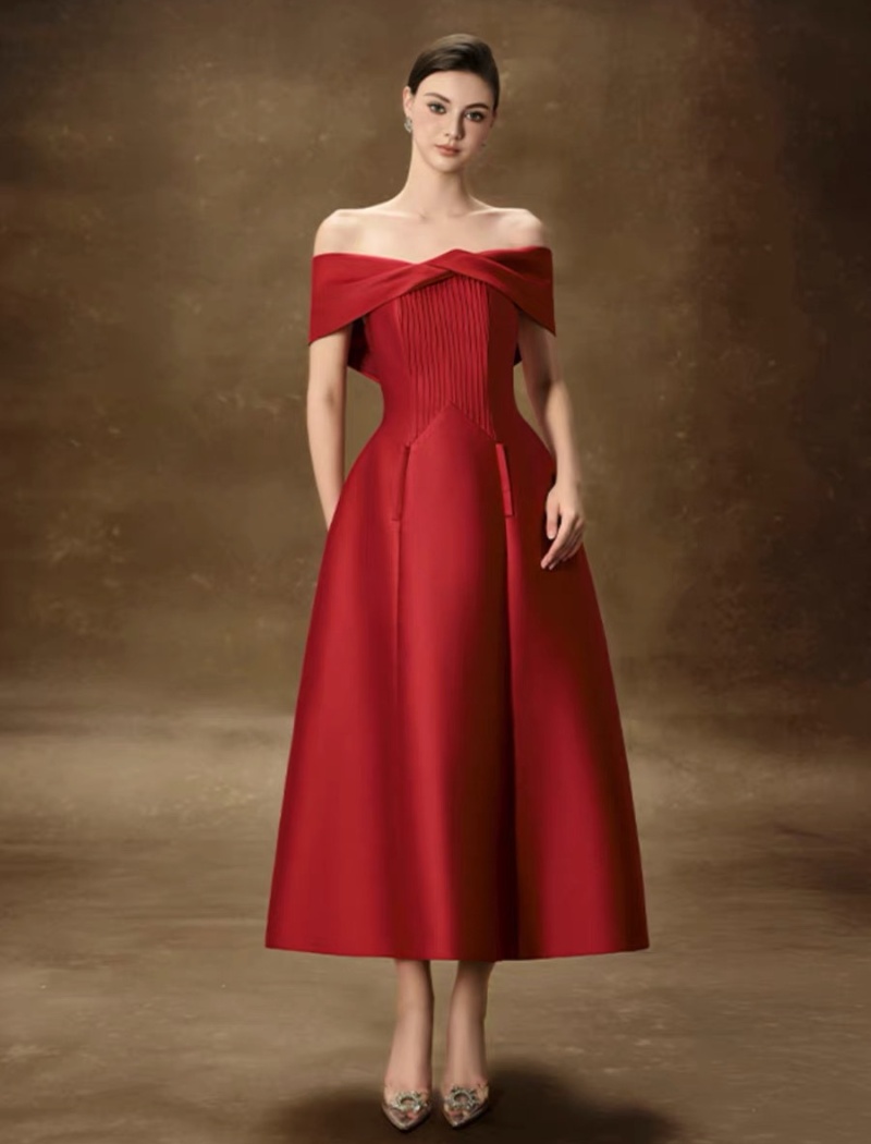 Pinched waist flat shoulder dress A-line formal dress