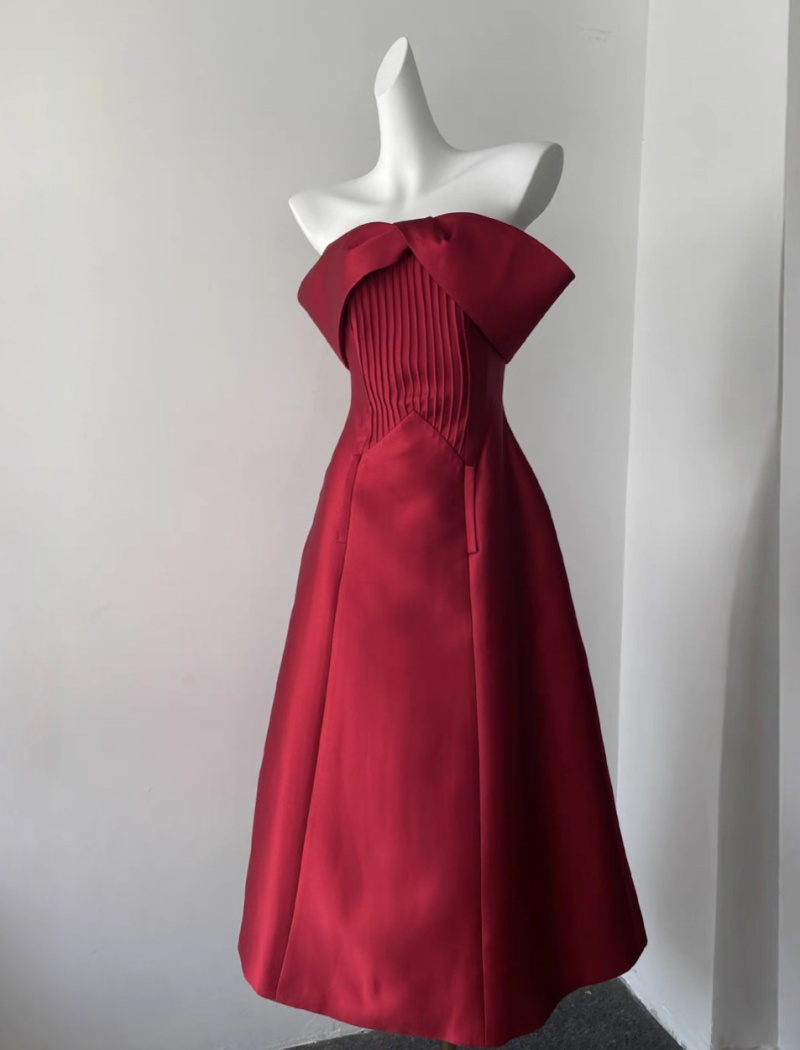 Pinched waist flat shoulder dress A-line formal dress