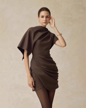 Brown crimp T-back irregular autumn dress