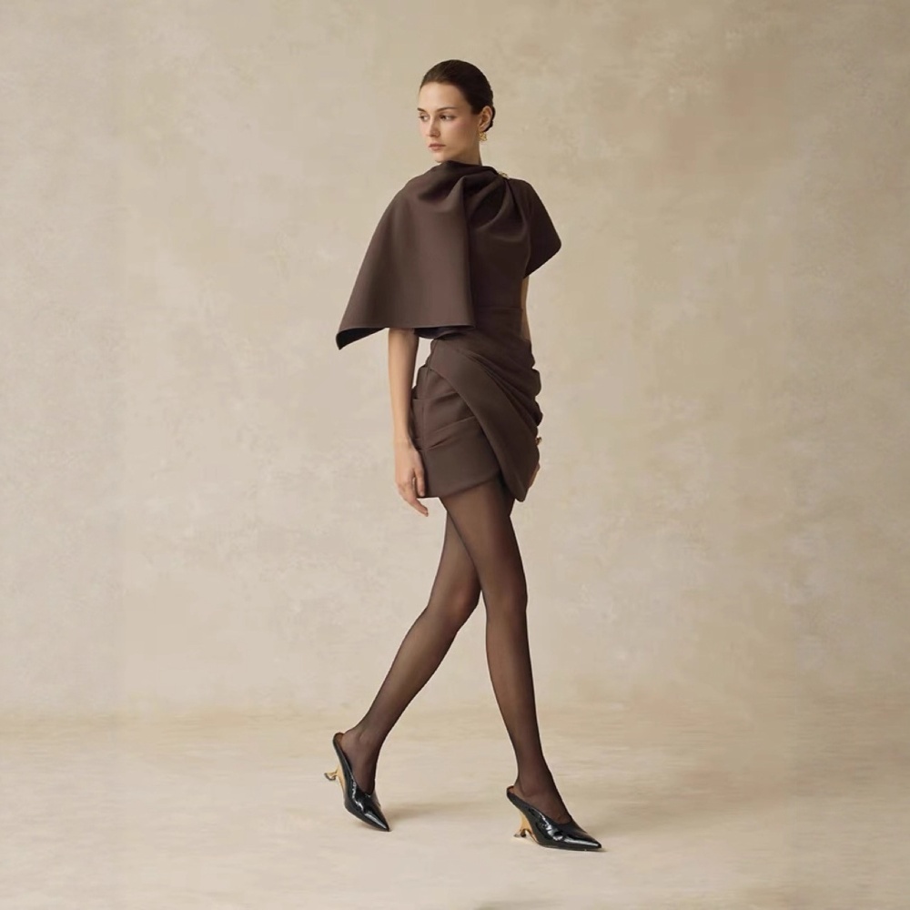 Brown crimp T-back irregular autumn dress