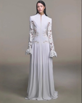 White hollow formal dress trumpet sleeves long dress