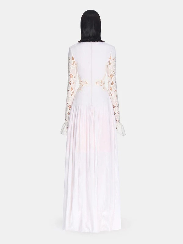 White hollow formal dress trumpet sleeves long dress