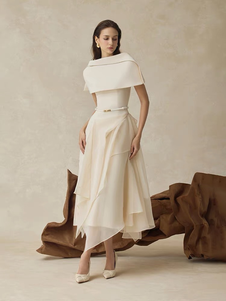 Autumn formal dress pinched waist long dress 2pcs set