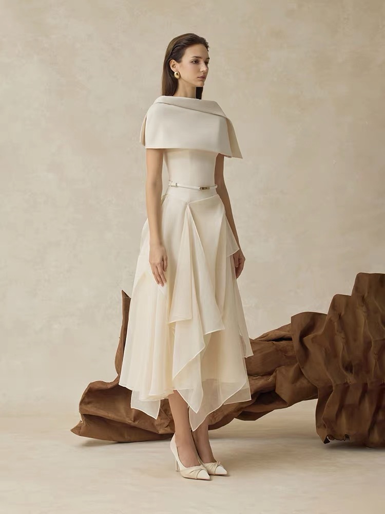 Autumn formal dress pinched waist long dress 2pcs set