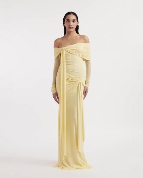 Splice yellow dress flat shoulder streamer long dress