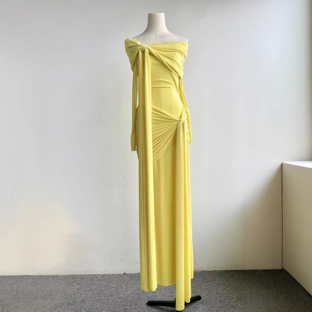 Splice yellow dress flat shoulder streamer long dress