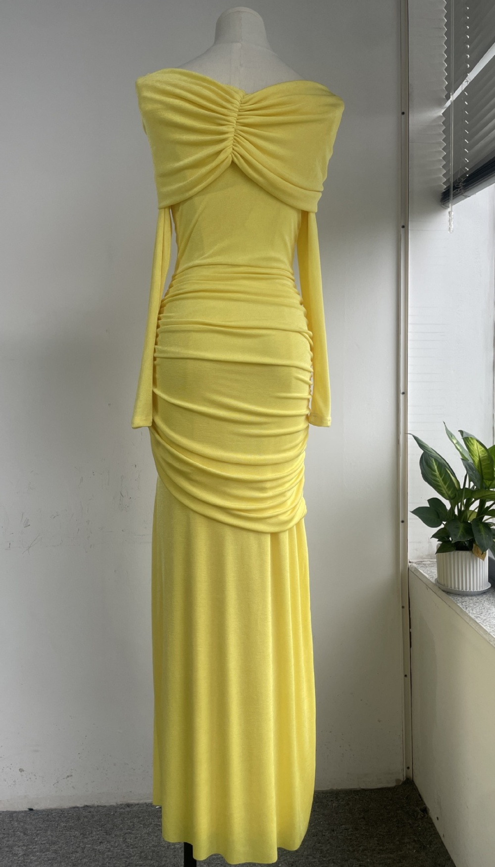 Splice yellow dress flat shoulder streamer long dress