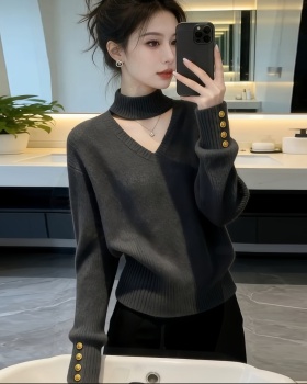 V-neck Korean style sweater pinched waist tops for women