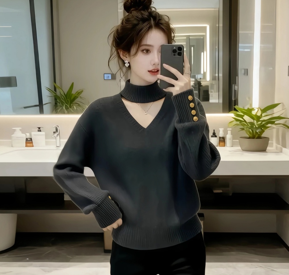 V-neck Korean style sweater pinched waist tops for women