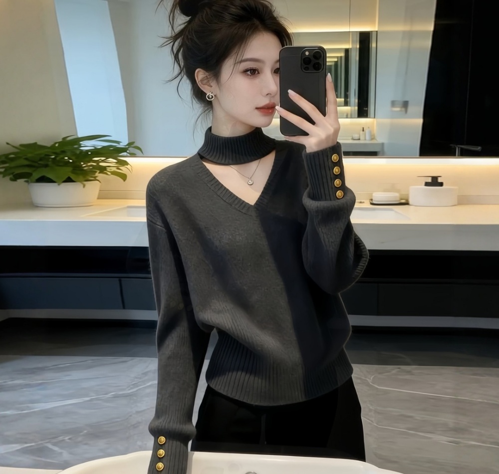 V-neck Korean style sweater pinched waist tops for women