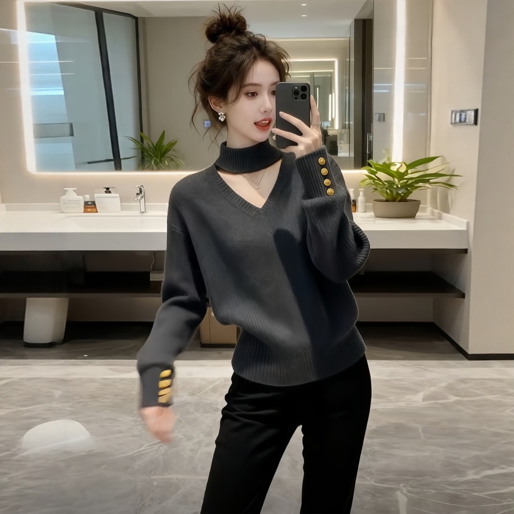 V-neck Korean style sweater pinched waist tops for women